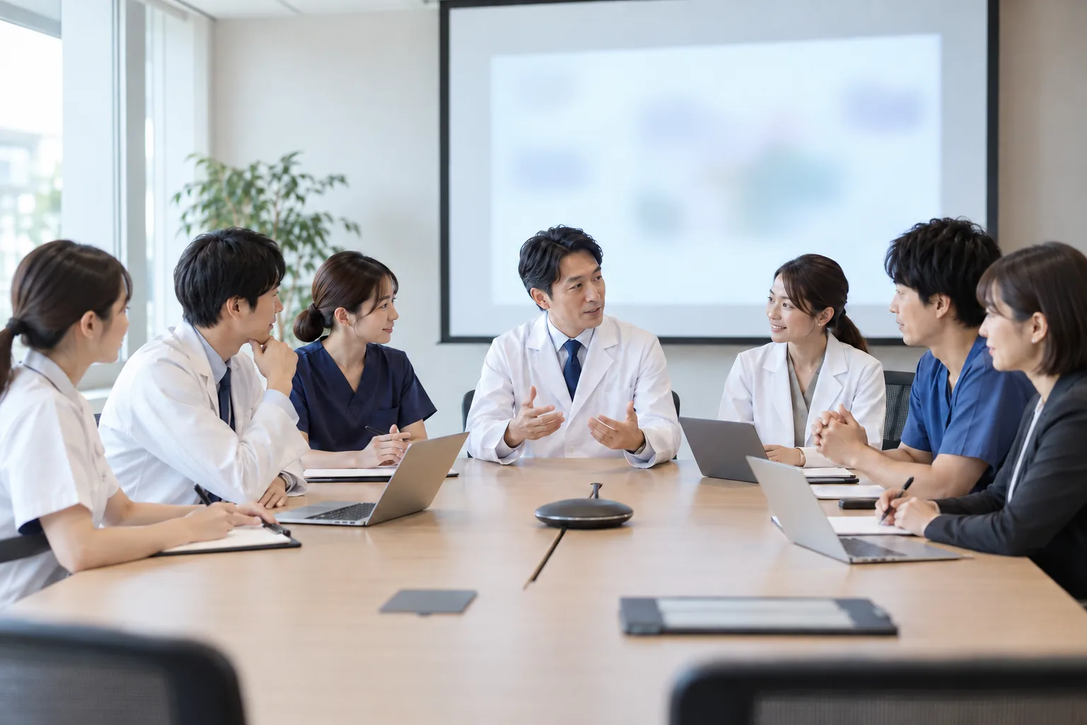 会議室で、多職種のスタッフが症例検討会をしている