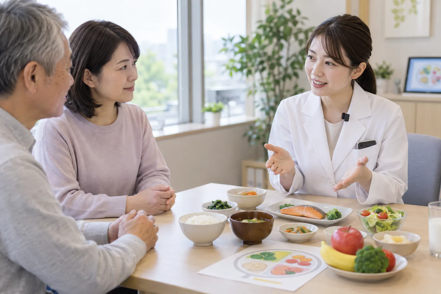 管理栄養士が患者さんとご家族に食事の説明をしている