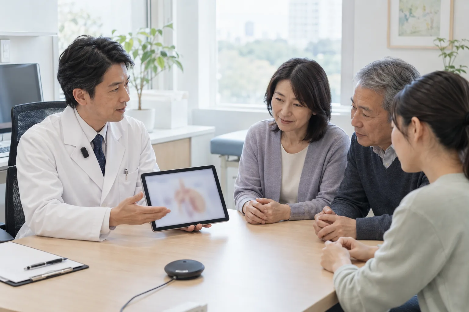 面談室で、医師が患者さんとご家族に検査の説明をしている